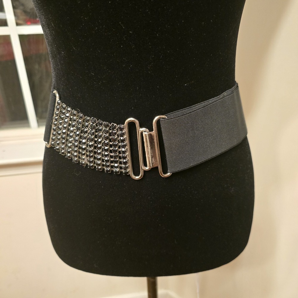 Vintage Black Rhinestone Elastic Waist Belt Wide Stretch‎ Cinch Clasp One Size